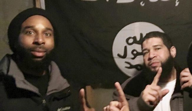 FILE - In this undated file photo provided by the FBI shows Joseph D. Jones, left, and Edward Schimenti, both of suburban Chicago, pose in front of an Islamic State group flag. The two men, who are accused of seeking to provide material support to terrorists, pleaded not guilty Wednesday, May 3, 2017, at federal court in Chicago. Both were arrested by FBI agents on April 12, 2017. (FBI via AP, File)