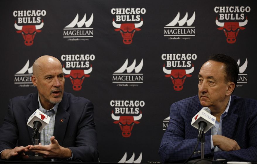 Chicago Bulls Executive Vice President of Basketball Operations John Paxson, left, speaks as General Manger Gar Forman looks on during an end-of-season press conference at the United Center in Chicago, Wednesday, May 3, 2017. (Jim Young/Chicago Tribune via AP)