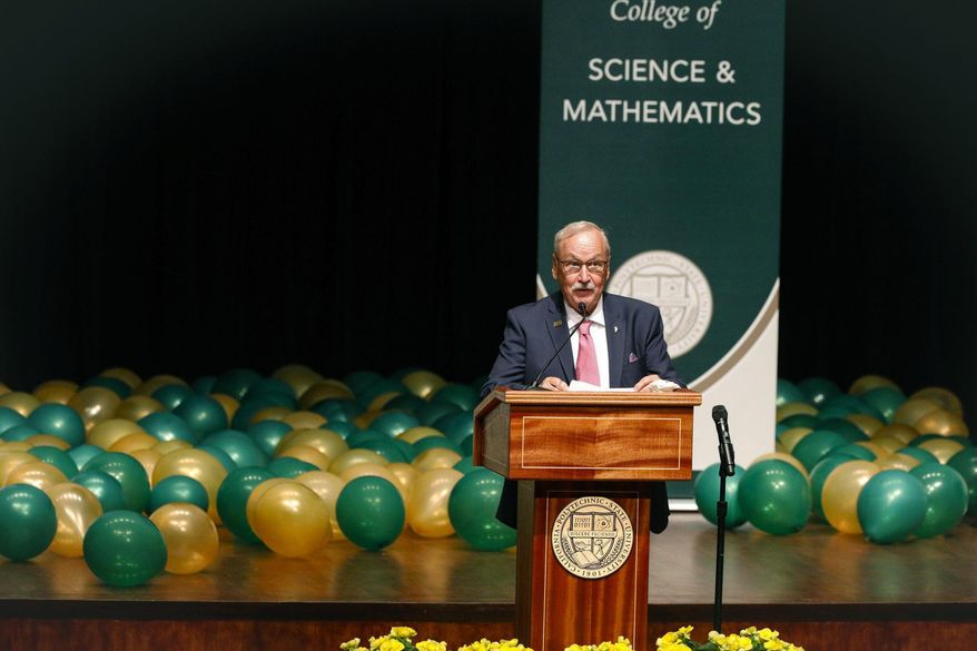 Donor Bill Frost speaks at the announcement of the largest gift in Cal State history on Wednesday, May 3, 2017, at California Polytechnic State University, San Luis Obispo, Calif. He and his wife, Linda Frost, gave $110 million to Cal Poly's College of Science and Mathematics. (David Middlecamp /The Tribune (of San Luis Obispo) via AP)