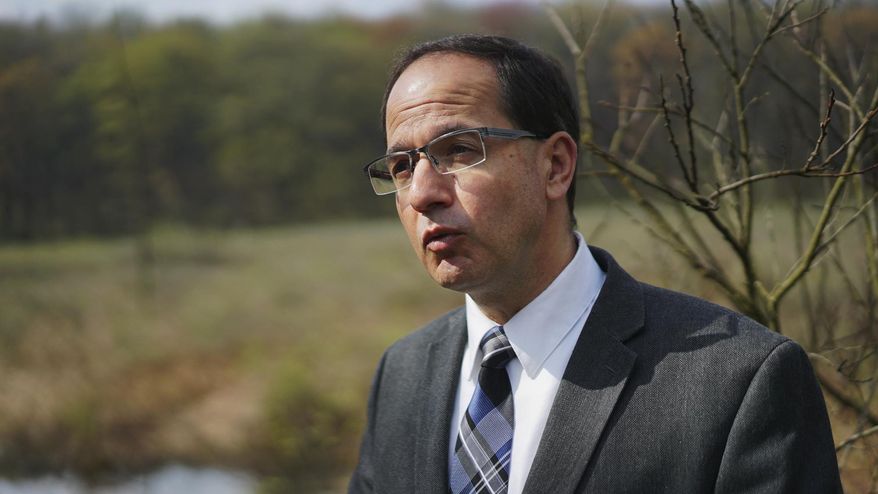 In this April 20, 2017 photo, Green Mayor Gerard Neugebauer speaks in front of wetlands where a proposed pipeline would run through in Green, Ohio. The town has hired a law firm to stop the pipeline from being built through the community. (AP Photo/Dake Kang)