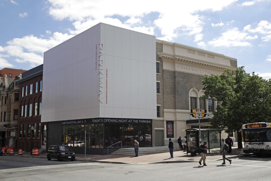 The newly-rehabilitated Parkway Theater stands in the Station North Arts and Entertainment District of Baltimore, Wednesday, May 3, 2017. The Maryland Film Festival is kicking off its 19th year in its new home at the Parkway Theater, and the festival's organizers hope the new theater will support and foster the city's already robust art and film community. (AP Photo/Patrick Semansky)