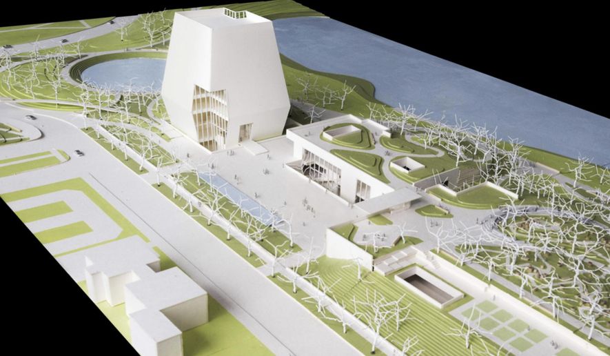 This conceptual drawing released, Wednesday, May 3, 2017, by the Obama Foundation, shows plans for the proposed Obama Presidential Center that will be located in Jackson Park on Chicago&#39;s South Side. This view looks north showing the Museum, Forum and Library. The Museum is the tallest structure on site. (Obama Foundation via AP)