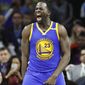 FILE - In this Dec. 23, 2016, file photo, Golden State Warriors forward Draymond Green reacts after a dunk during the second half of an NBA basketball game against the Detroit Pistons,in Auburn Hills, Mich. Green has taken his trash-talking to another level this postseason right along with his defense. They go hand in hand, and he pushes it right to the limit _ to the delight of Kevin Durant and his teammates who are fueled by his ferocity, not to mention his 19 blocks in five playoff games so far. (AP Photo/Carlos Osorio, File)