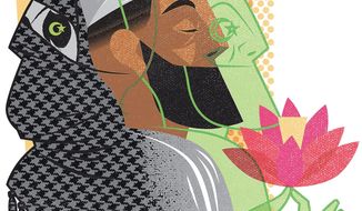 Illustration on tolerant and radical Islam by Linas Garsys/The Washington Times