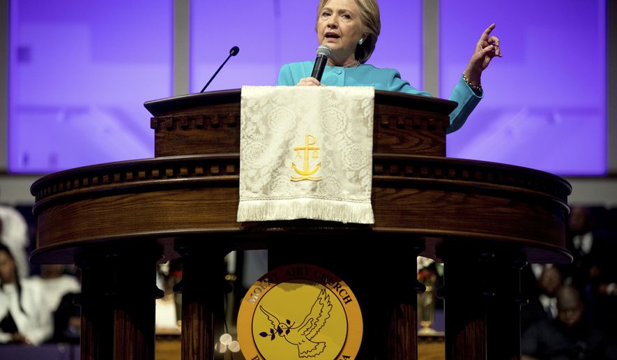 FILE - In this Nov. 6, 2016 file photo, then-Democratic presidential candidate Hillary Clinton speaks at Mt Airy Church of God In Christ in Philadelphia. President Donald Trump on Thursday, May 4, 2017, signed a new executive order aimed at weakening the enforcement of a law that bars churches and tax-exempt groups from endorsing political candidates. A look at the law in question, known as the Johnson Amendment. (AP Photo/Andrew Harnik, File)