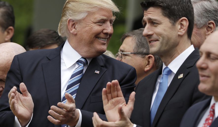 President Donald Trump talks with House Speaker Paul Ryan of Wis. in the Rose Garden of the White House in Washington, Thursday, May 4, 2017, after the House pushed through a health care bill. (AP Photo/Evan Vucci)