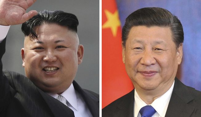 This combination of file photos shows North Korean leader Kim Jong-un, left, on April 15, 2017 waving during a military parade to celebrate the 105th birth anniversary of Kim Il-sung in Pyongyang, North Korea, and Chinese President Xi Jinping, right, on April 7, 2017, as he smiles during a meeting with Alaska Gov. Bill Walker in Anchorage, Alaska, following his meetings with President Donald Trump in Florida. (AP Photo/Wong Maye-E, Michael Dinneen, Files)
