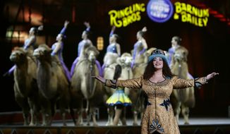FILE- In this Jan. 14, 2017 file photo, Ringling Bros. and Barnum &amp;amp; Bailey Ringmaster Kristen Michelle Wilson performs Saturday, Jan. 14, 2017, in Orlando, Fla. The Ringling Bros. and Barnum &amp;amp; Bailey Circus will broadcast its final show on the most 21st Century of channels: Facebook Live. (AP Photo/Chris O&#x27;Meara, File)