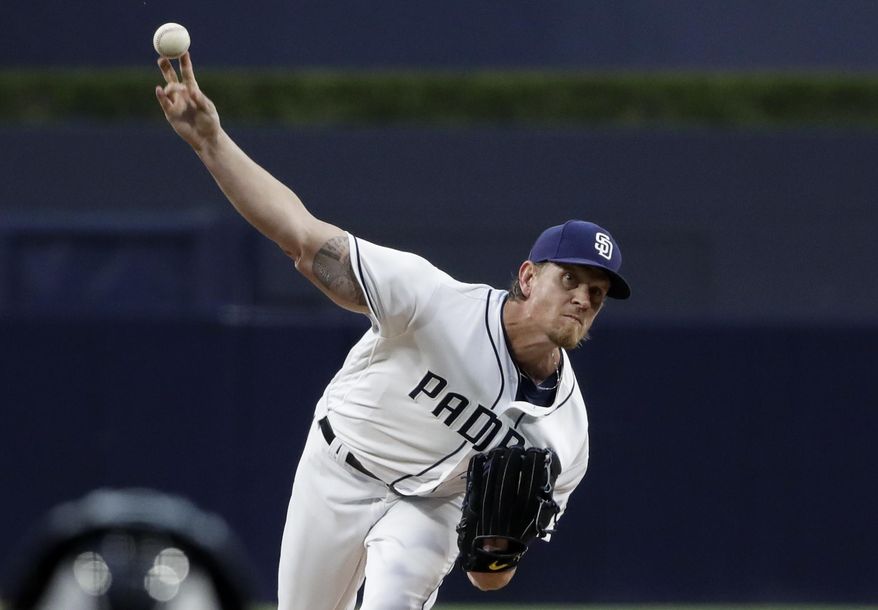 San Diego Padres starting pitcher Jered Weaver throws to a Colorado Rockies batter during the first inning of a baseball game Wednesday, May 3, 2017, in San Diego. (AP Photo/Gregory Bull)