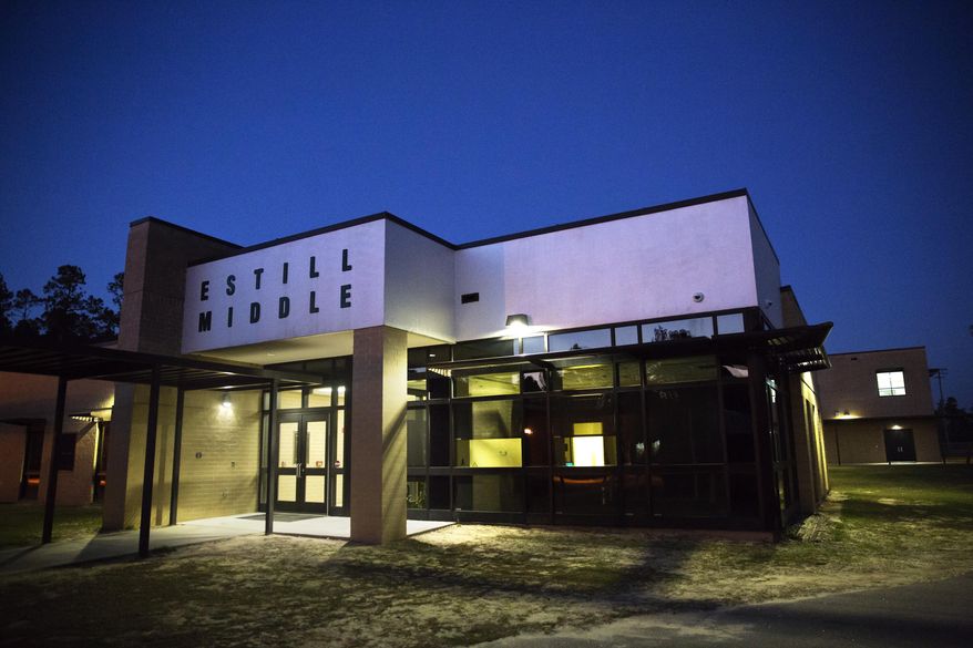 ADVANCE FOR USE MONDAY, MAY 8, 2017 AND THEREAFTER-This Tuesday, Jan. 31, 2017 photo shows Estill Middle School, in Estill, S.C., where one of the nation's largest single sexual assault cases reported on school grounds was reported in 2013. At least four students, ages 11 to 14, were victimized by as many as 30 kids in 2013. (AP Photo/David Goldman)
