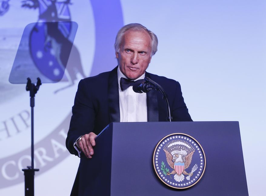 Gregory Norman, Australian professional golfer, speaks at a dinner aboard the USS Intrepid, a decommissioned aircraft carrier docked in the Hudson River in New York, Thursday, May 4, 2017. The dinner was to help commemorate the 75th anniversary of the Battle of Coral Sea, a World War II naval battle fought by US and Australian force against the Japanese. (AP Photo/Pablo Martinez Monsivais)
