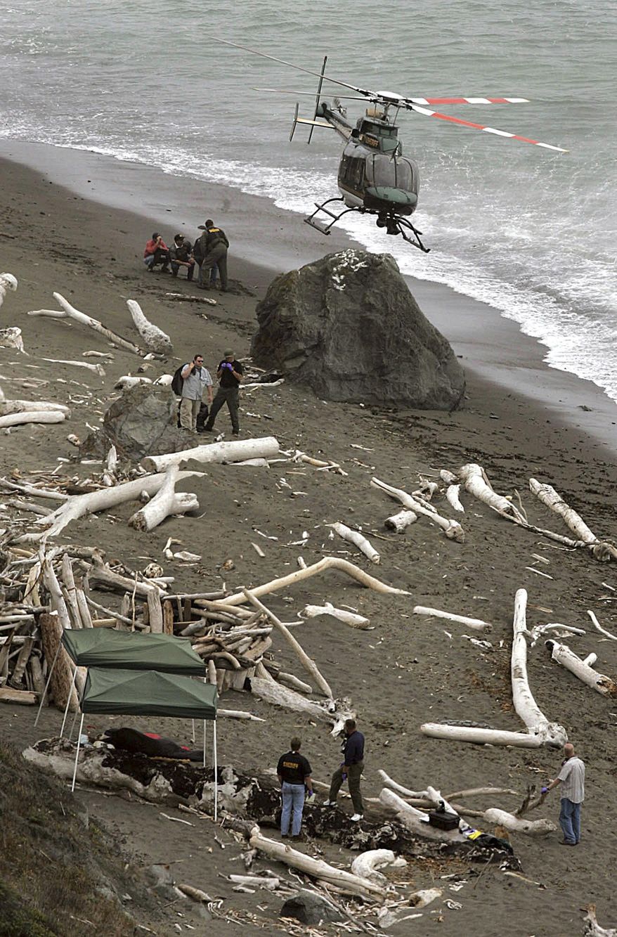FILE - In this Aug. 19, 2004 file photo, a Sonoma County Sheriff's helicopter drops off personnel and materials at Fishhead Beach, north of Jenner, Calif., at the site where two bodies in sleeping bags were discovered. Sonoma County Sheriff Steve Freitas says a suspect is in custody in the killings of a young couple on a Northern California beach more than a decade ago. (Christopher Chung/Santa Rosa Press Democrat via AP)