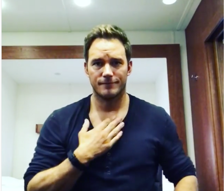 Chris Pratt from a May 2017 Instagram video screen capture. In this video Mr. Pratt was apologizing to deaf fans for offense he caused in a previous video in which he chided folks who watch his videos muted while reading subtitles, instead of turning the sound on. (Instagram)