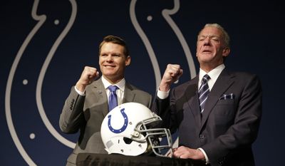 FILE - In this Jan. 30, 2017, file photo Indianapolis Colts Owner Jim Irsay, right, and new general manager Chris Ballard pose following a news conference at the NFL football team&#39;s practice facility in Indianapolis. Irsay has embarked on a delicate balancing act. The Colts team owner expects to win and wants to win now. But he also understands quarterback Andrew Luck needs time to heal from offseason shoulder surgery, new general manager Chris Ballard needs time to build a supporting cast capable of turning the Colts into an annual Super Bowl contender and that this grand plan will take time to implement correctly. (AP Photo/Michael Conroy, File)