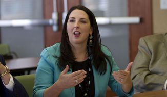 Republican National Committee Chairwoman Ronna Romney McDaniel addresses Hispanic business owners and community members at the Lansing Regional Chamber of Commerce in Lansing, Mich., Friday, May 5, 2017. (AP Photo/Christopher Hermann) ** FILE **