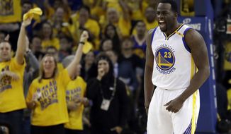 Golden State Warriors&#39; Draymond Green (23) celebrates after scoring against the Utah Jazz during the first half in Game 2 of an NBA basketball second-round playoff series, Thursday, May 4, 2017, in Oakland, Calif. (AP Photo/Marcio Jose Sanchez)