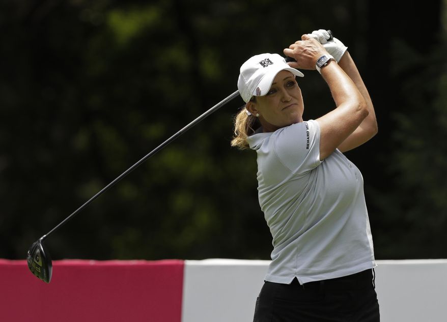 Cristie Kerr, of the U.S., tees off at the 15th hole during round two of the Lorena Ochoa Invitational at Mexico Golf Club in Mexico City, Friday, May 5, 2017. The invitational, the tenth of the 2017 LPGA tour, is the tour's first Match Play event since 2012. (AP Photo/Rebecca Blackwell)