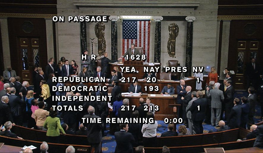 In this image from House Television, the final total on the vote on the Republicans health care bill is displayed at the Capitol in Washington on Thursday, May 4, 2017. It’s “Trumpcare” now, and Republicans have to answer for it. After dozens of symbolic votes, House Republicans finally pushed through a bill to gut Barack Obama’s Affordable Care Act, with President Donald Trump hailing the replacement as “a great plan” that has “really brought the Republican Party together.” (House Television via AP)