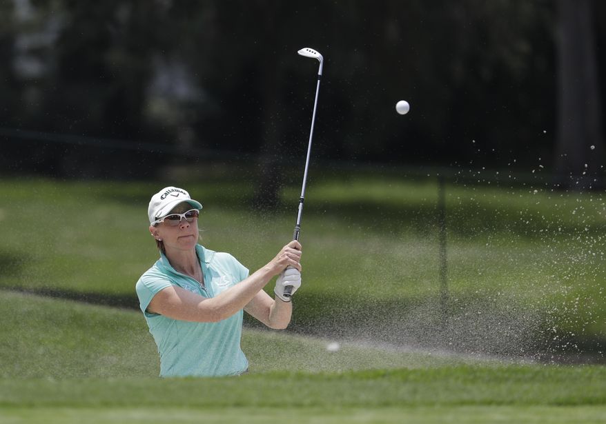 Sweden's Annika Sorenstam plays a ball out of a bunker on the 10th hole during a Hall of Fame exhibition match at the Lorena Ochoa Invitational at Mexico Golf Club in Mexico City, Saturday, May 6, 2017. The invitational, the tenth of the 2017 LPGA tour, is the tour's first Match Play event since 2012. (AP Photo/Rebecca Blackwell)