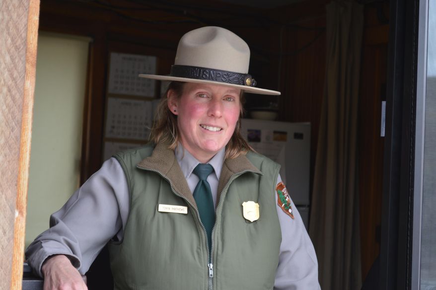ADVANCE FOR WEEKEND EDITIONS, MAY 6-8 - In this April 28, 2017 photo, Tonya Mathews, WHO has worked as the supervisor of the north entrance to Yellowstone National Park since 2009, poses for a photo in Gardiner, Mont. (Michael Wright/Bozeman Daily Chronicle via AP)