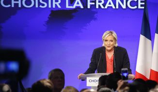 French far-right presidential candidate Marine le Pen delivers a speech, Sunday, May 7, 2017 in Paris. French voters elected centrist Emmanuel Macron as the country&#39;s youngest president ever on Sunday, delivering a resounding victory to the unabashedly pro-European former investment banker and strengthening France&#39;s place as a central pillar of the European Union. (AP Photo/Michel Spingler)