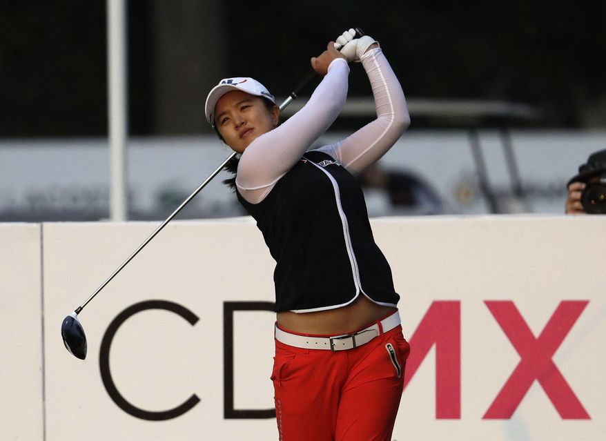 Sei Young Kim of South Korea tees off on the 1st hole during the semifinal of the Lorena Ochoa Invitational at Mexico Golf Club in Mexico City, Sunday, May 7, 2017. The invitational, the tenth of the 2017 LPGA tour, is the tour's first Match Play event since 2012. (AP Photo/Rebecca Blackwell)