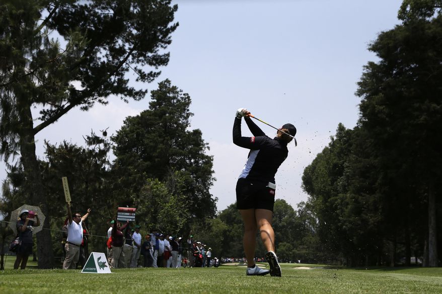 Ariya Jutanugarn of Thailand tees off on the 3rd hole during the final of the Lorena Ochoa Invitational at Mexico Golf Club in Mexico City, Sunday, May 7, 2017. The invitational, the tenth of the 2017 LPGA tour, is the tour's first Match Play event since 2012. (AP Photo/Rebecca Blackwell)