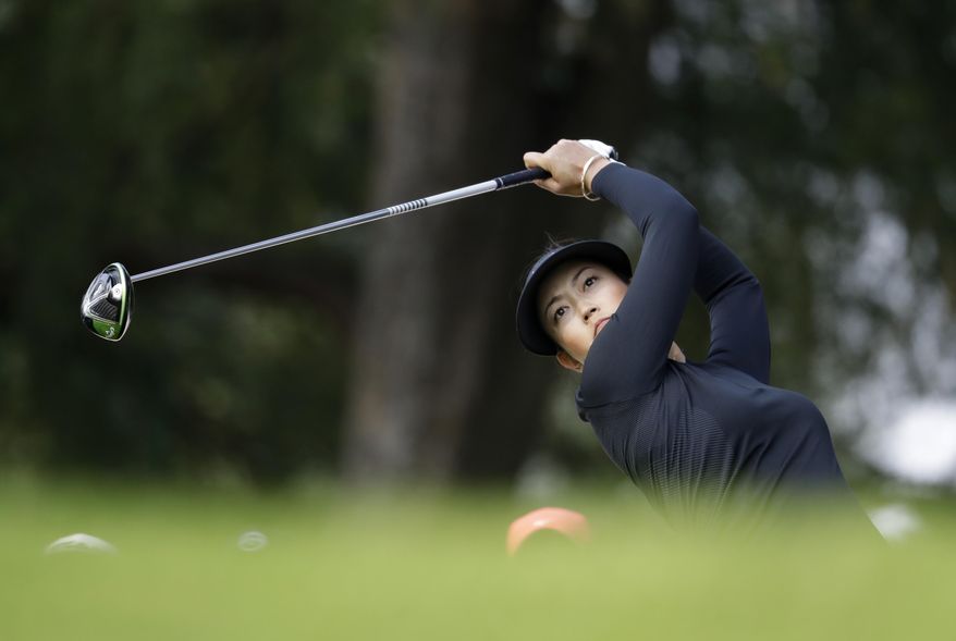 Michelle Wie of the U.S. tees off on the 6th hole during the semifinal of the Lorena Ochoa Invitational at Mexico Golf Club in Mexico City, Sunday, May 7, 2017. The invitational, the tenth of the 2017 LPGA tour, is the tour's first Match Play event since 2012. (AP Photo/Rebecca Blackwell)