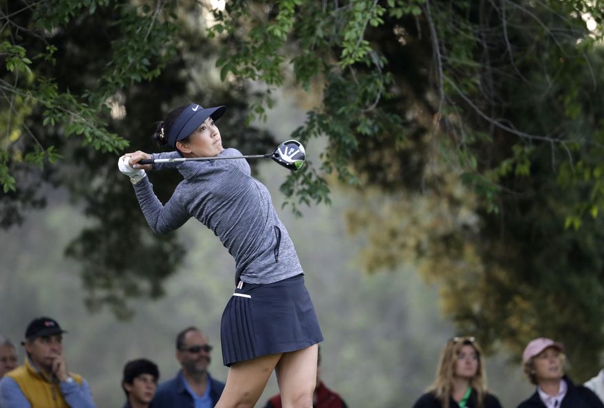 Michelle Wie of the U.S. tees off on the 4th hole during the semifinal of the Lorena Ochoa Invitational at Mexico Golf Club in Mexico City, Sunday, May 7, 2017. The invitational, the tenth of the 2017 LPGA tour, is the tour's first Match Play event since 2012. (AP Photo/Rebecca Blackwell)