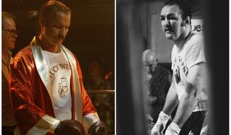 In this combination photo, Liev Schreiber, left, portrays boxer Chuck Wepner in a scene from the film, &quot;Chuck,&quot; and Chuck Wepner appears during a workout at his home in Bayonne, N.J. on Jan. 21, 1975. The film will open in limited release on Friday. (AP Photo/Sarah Shatz/IFC Films, left, and Ray Stubblebin)