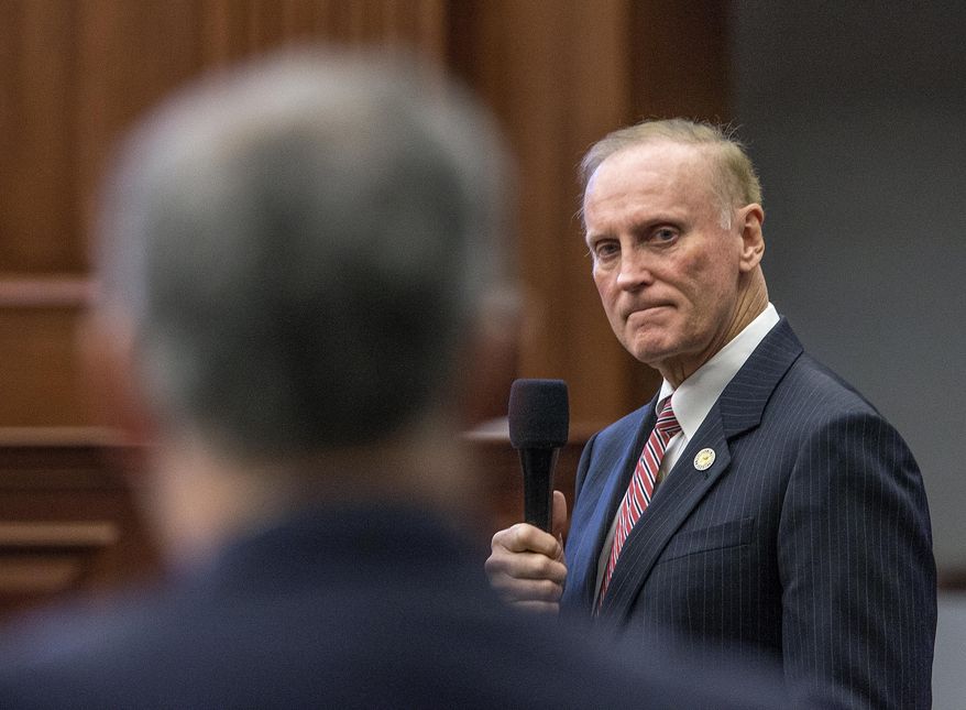 Sen. David Simmons, R-Longwood, listens to several questions from Sen. Kevin Rader, D-Boca Raton, concerning the higher education budget Monday May 8, 2017 at the Florida Capitol in Tallahassee, Florida. (AP Photo/Mark Wallheiser)