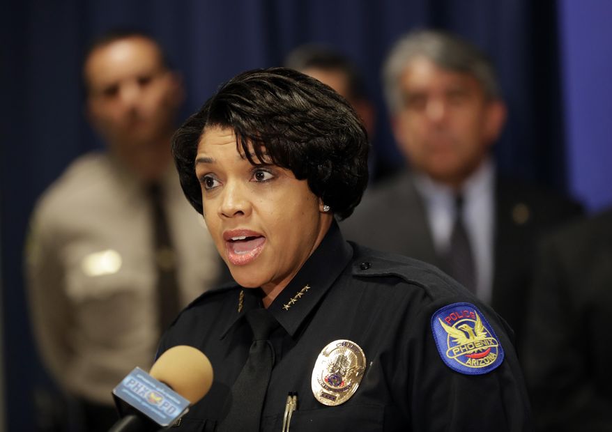 Phoenix Police Chief Jeri L. Williams announces, Monday, May 8, 2017, in Phoenix, the arrest of 23-year-old Aaron Saucedo in connection with the serial street shootings that terrorized the Phoenix area over four months in 2016. (AP Photo/Matt York)