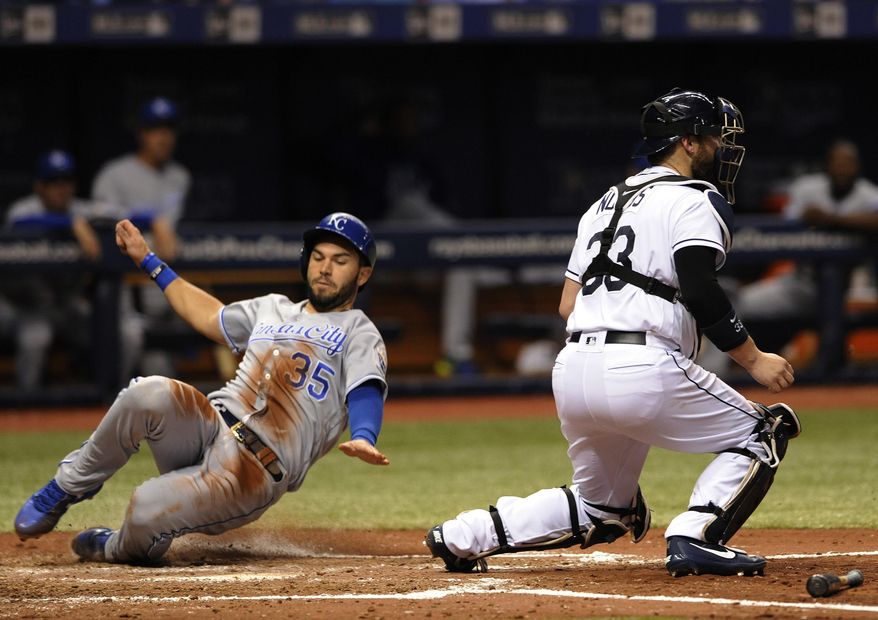 Tampa Bay Rays catcher Derek Norris (33) waits for the throw as Kansas City Royals&#39; Eric Hosmer scores on a single by Salvador Perez during the fifth inning of a baseball game, Monday, May 8, 2017 in St. Petersburg, Fla. (AP Photo/Steve Nesius)