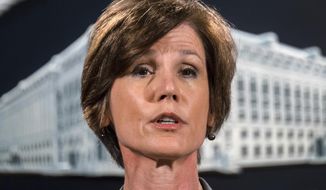 In this June 28, 2016, file photo, then-Deputy Attorney General Sally Yates speaks during a news conference at the Justice Department in Washington. An Obama administration official who warned the Trump White House about contacts between Russia and one of its key advisers is set to speak publicly for the first time about the concerns she raised. Yates is testifying May 8, 2017, before a Senate Judiciary subcommittee investigating Russian interference in the 2016 presidential election. (AP Photo/J. David Ake, File)