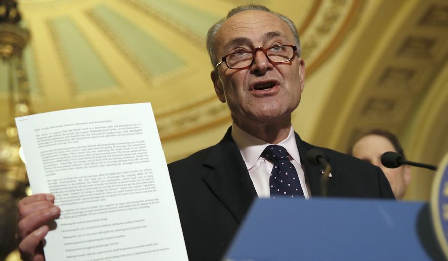 Senate Minority Leader Charles E. Schumer, New York Democrat, displays a letter to Republicans about health care while speaking to the media last week We didn&#x27;t lay out our exact specific plan,&quot; Mr. Schumer told reporters. &quot;We laid out where we want to go.&quot; (Associated Press)