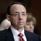 In this March 7, 2017, file photo, then-Deputy Attorney General-designate Rod Rosenstein, listens on Capitol Hill in Washington, during his confirmation hearing before the Senate Judiciary Committee. (AP Photo/J. Scott Applewhite, File)