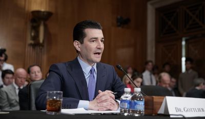 FILE - In this April 5, 2017 file photo, Food and Drug Administration (FDA) Commissioner-designate Dr. Scott Gottlieb testifies on Capitol Hill in Washington at his confirmation hearing before the Senate Health, Education, Labor, and Pensions Committee. The Senate is on track to confirm Gottlieb as the head of the Food and Drug Administration.  (AP Photo/J. Scott Applewhite)