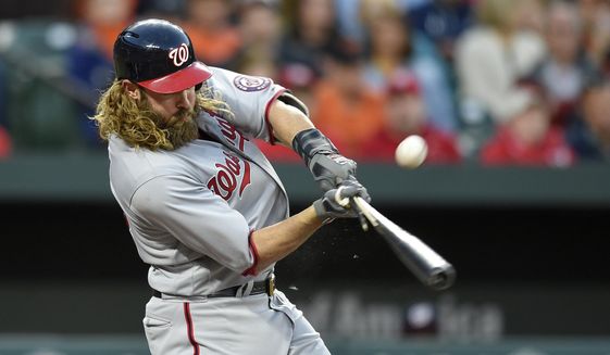 Washington Nationals&#39; Jayson Werth breaks his bat during the fourth inning of an interleague baseball game against the Baltimore Orioles, Tuesday, May 9, 2017, in Baltimore. (AP Photo/Nick Wass)