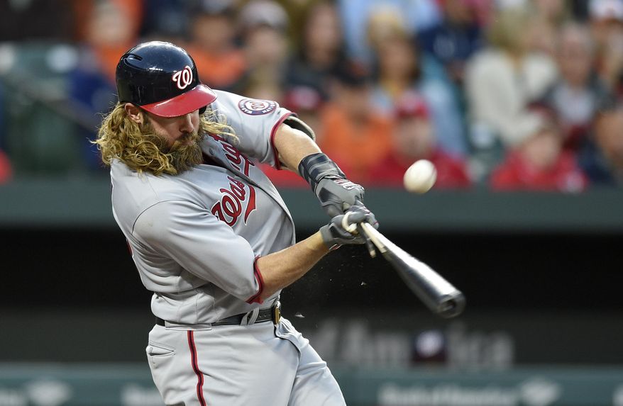 Washington Nationals' Jayson Werth breaks his bat during the fourth inning of an interleague baseball game against the Baltimore Orioles, Tuesday, May 9, 2017, in Baltimore. (AP Photo/Nick Wass)