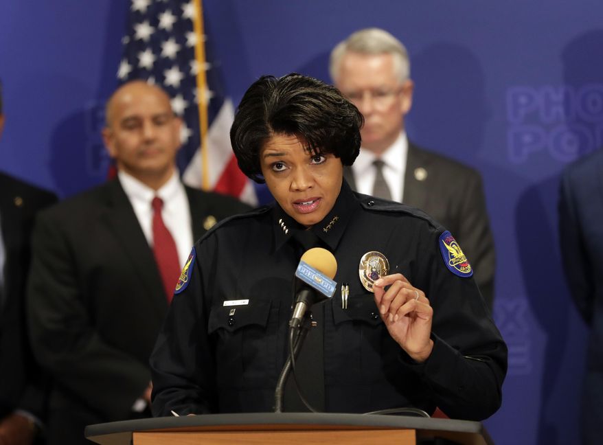 Phoenix Police Chief Jeri L. Williams announces, Monday, May 8, 2017, in Phoenix, the arrest of 23-year-old Aaron Juan Saucedo in connection with the serial street shootings that terrorized the Phoenix area over four months in 2016. (AP Photo/Matt York)