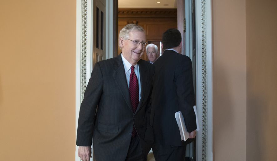 Senate Majority Leader Mitch McConnell, R-Ky., leaves a closed-door Republican strategy session at the Capitol in Washington, Tuesday, May 9, 2017, the day after the firing of FBI Director James B. Comey by President Donald Trump.  (AP Photo/J. Scott Applewhite) ** FILE **