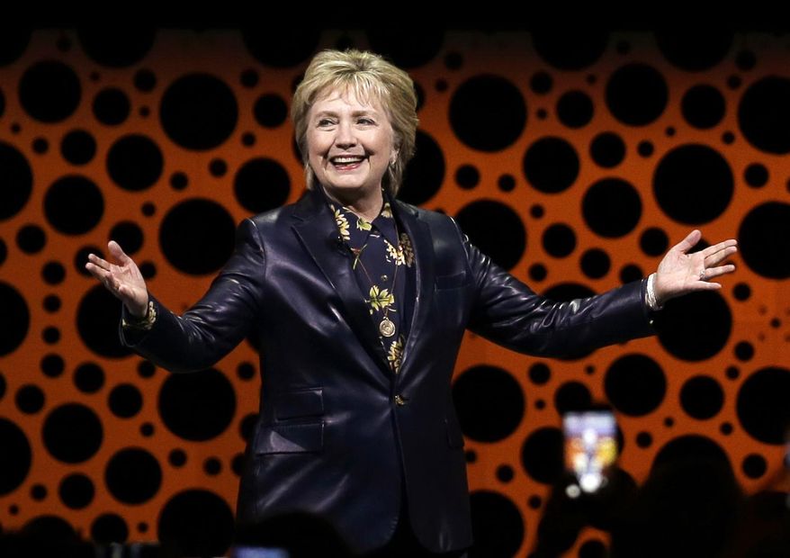 FILE - In this March 28, 2017, file photo, former Secretary of State Hillary Clinton gestures while speaking before the Professional Businesswomen of California in San Francisco. Clinton will speak at BookExpo, the industry’s annual national gathering on June 1, convention officials said Wednesday, May 10. (AP Photo/Ben Margot, File)