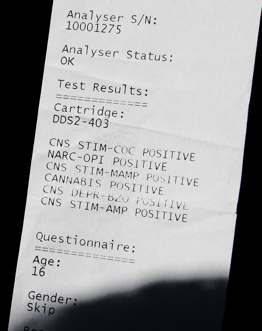 A print out of the results of of a drug test is displayed during a demonstration of a drug testing device Wednesday, May 10, 2017,in Sacramento, Calif. Three of California's largest counties are testing a device that can detect the presence of drugs in saliva within five minutes. Some officers and lawmakers want the devices used statewide after voters passed Proposition 64 in November, legalizing the recreational use of marijuana. (AP Photo/Rich Pedroncelli)