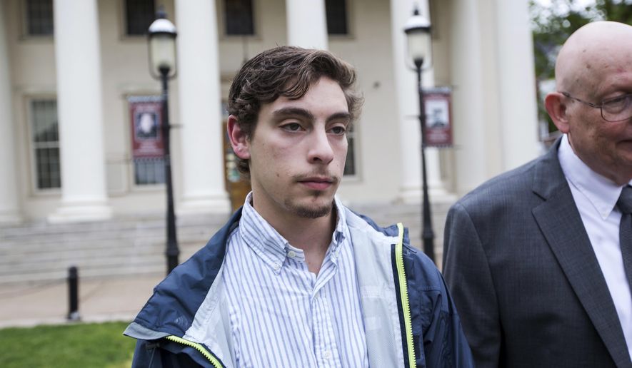 In this Friday, May 5, 2017 photo, Jonah Neuman of Nashville, leaves Centre County Courthouse in Bellefonte, Pa. Neuman is one of 18 Penn State Beta Theta Pi fraternity members charged in connection with the February 2017 death of Timothy Piazza. (Joe Hermitt/PennLive.com via AP)