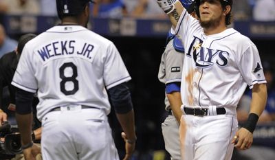 Tampa Bay Rays' Rickie Weeks Jr. (8) and Colby Rasmus, right, celebrate Rasmus' grand slam off Kansas City Royals reliever Peter Moylan during the eighth inning of a baseball game Wednesday, May 10, 2017, in St. Petersburg, Fla. (AP Photo/Steve Nesius)