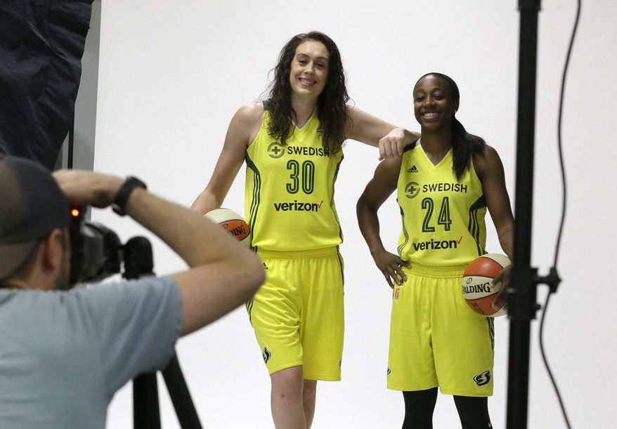 In this photo taken May 2, 2017, Seattle Storm forward Breanna Stewart (30) and guard Jewell Loyd (24) pose for WNBA basketball official photos during the team&#39;s annual media day, Tuesday, May 2, 2017, in Seattle. The whirlwind has stopped for Breanna Stewart. After a much needed break, Stewart is ready for her second season with the Seattle Storm. (AP Photo/Ted S. Warren)