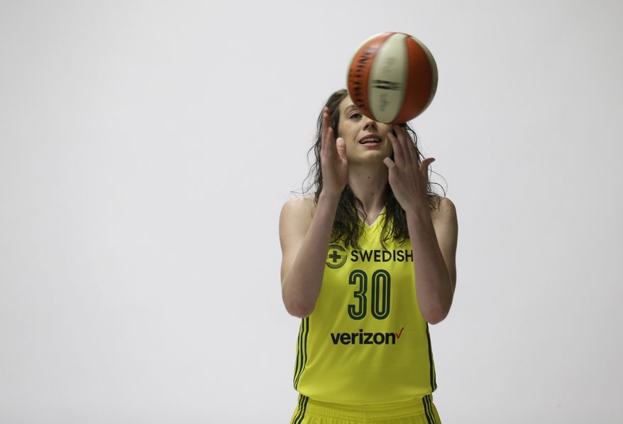 In this photo taken May 2, 2017, Seattle Storm forward Breanna Stewart spins a basketball as she poses for WNBA basketball official photos during the team&#39;s annual media day, Tuesday, May 2, 2017, in Seattle. The whirlwind has stopped for Breanna Stewart. After a much needed break, Stewart is ready for her second season with the Seattle Storm. (AP Photo/Ted S. Warren)