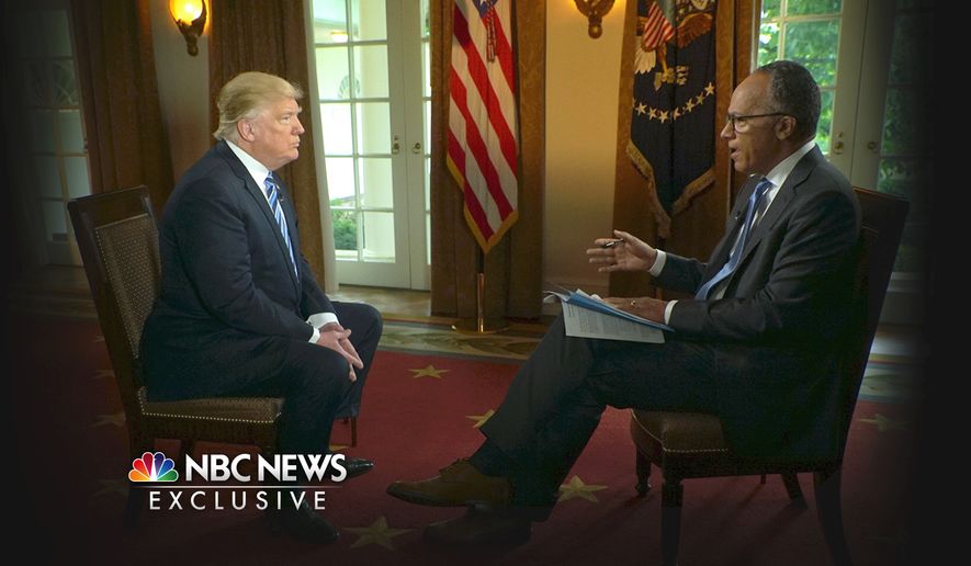 In this image provided by NBC News, President Donald Trump is interviewed by NBC&#39;s Lester Holt, Thursday, May 11, 2017. Trump insisted Thursday during the interview that there was no collusion between his winning campaign and the Russian government in his first extended remarks since he roiled Washington with his decision to fire FBI Director James Comey. (Joe Gabriel/NBC News via AP)