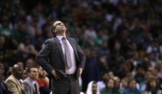 Washington Wizards head coach Scott Brooks during the second quarter of a second-round NBA playoff series basketball game in Boston, Wednesday, May 10, 2017. (AP Photo/Charles Krupa)