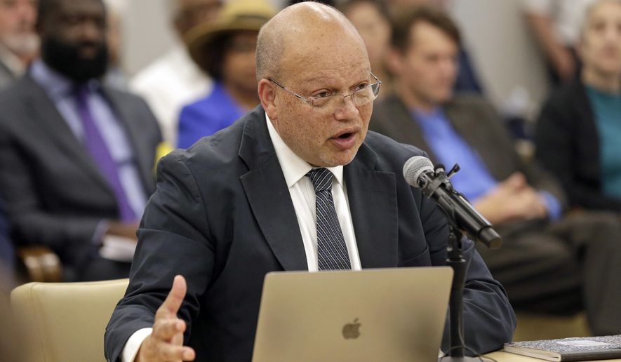 Theodore M. Shaw, director of the UNC Center for Civil Rights, speaks during a public forum in Chapel Hill, N.C., Thursday, May 11, 2017, regarding the center's ability to represent poor and minority clients in court. The hearing comes just days ahead of the UNC Board of Governors receiving a study and possibly voting to take away that ability from the center. (AP Photo/Gerry Broome)